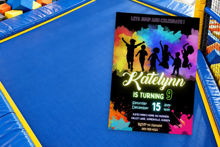 Trampoline birthday invitation on a Trampoline themed party table
