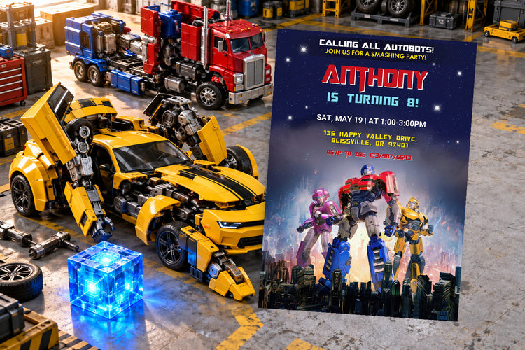 Transformers birthday invitation on a Transformers themed party table