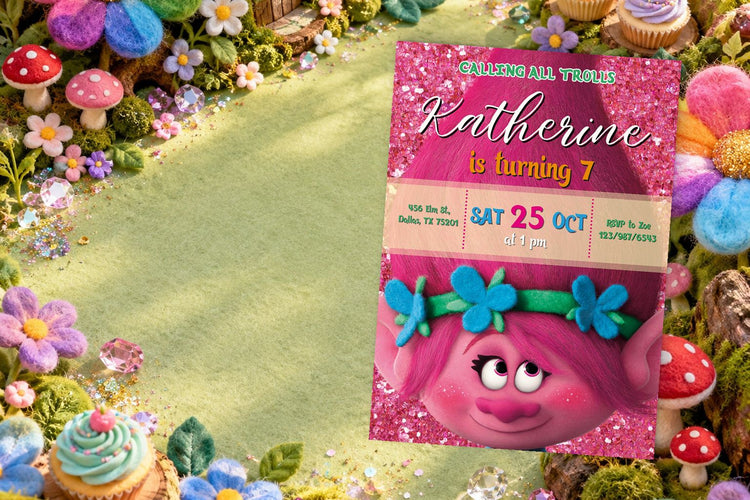 Trolls birthday invitation on a Trolls themed party table