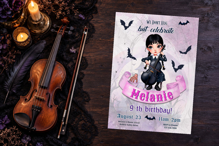 Wednesday birthday invitation on a Wednesday themed party table