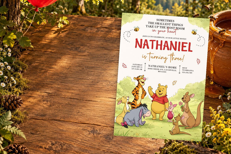 Winnie the Pooh birthday invitation on a Winnie the Pooh themed party table